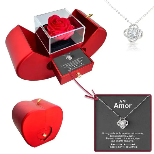 🌹 Rosa Eterna + 💖 Frase de Amor + 💎 Collar Nudo de Amor